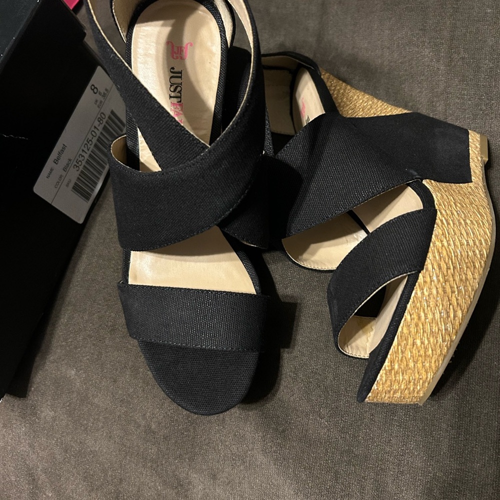 JustFab Black and Tan Wedge Sandals